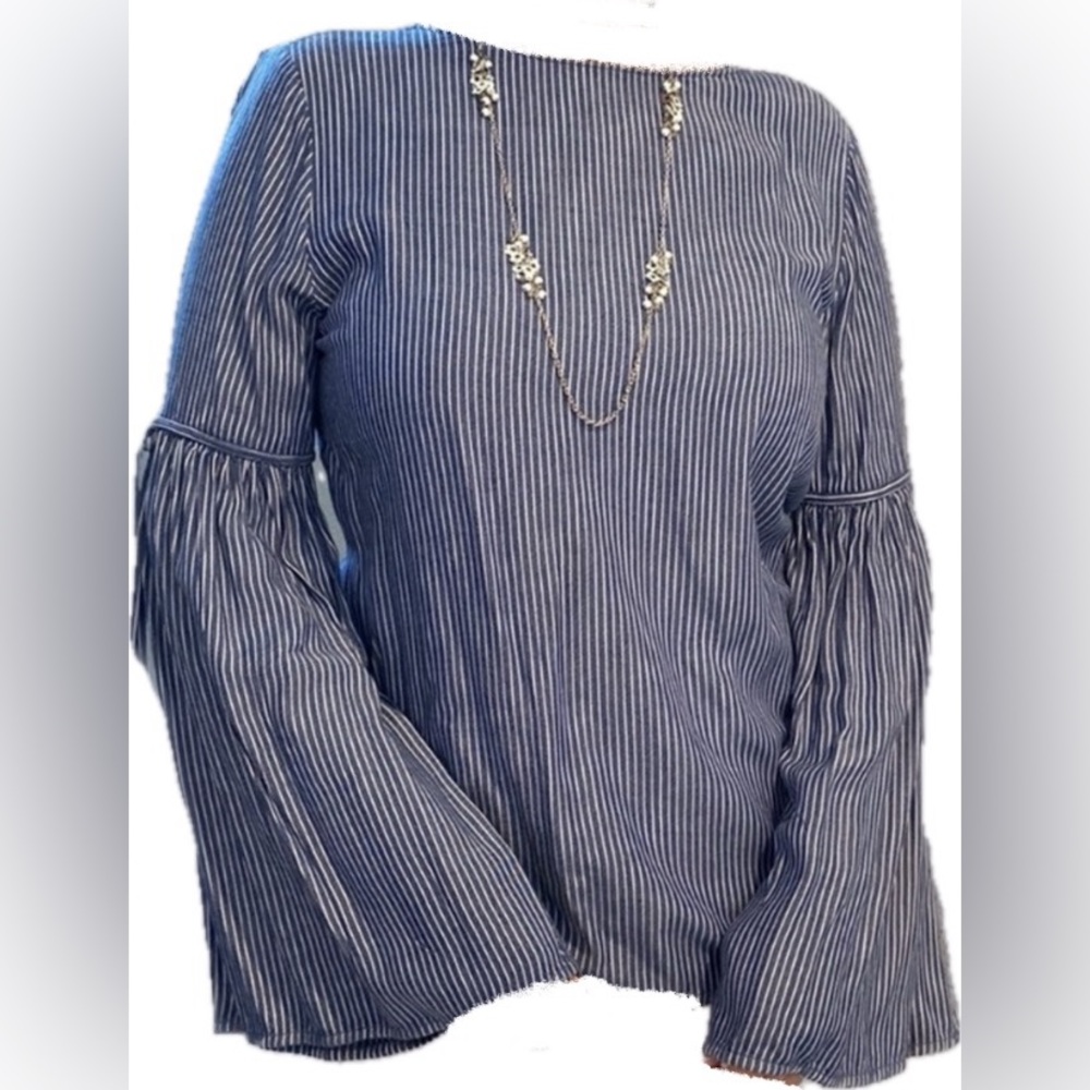 BeachLunchLounge striped cotton linen like long fluted bell-sleeve shirt popover